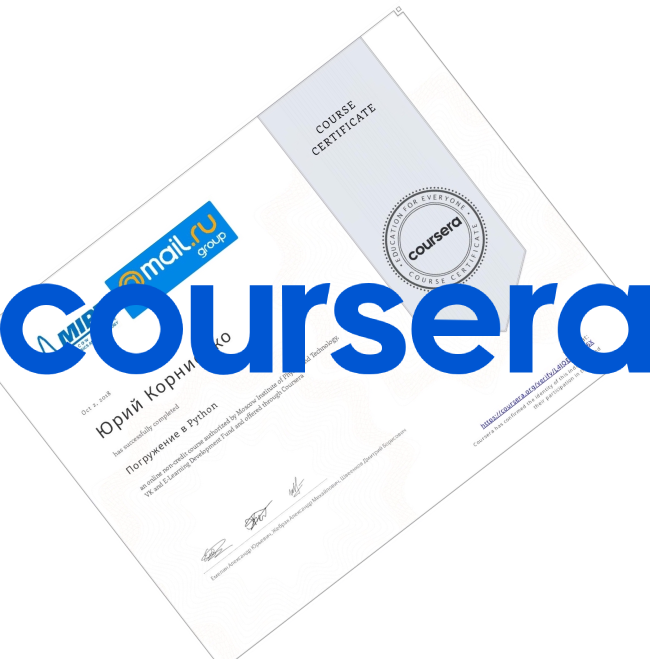 Coursera: https://www.coursera.org/learner/yury-kornienko-one